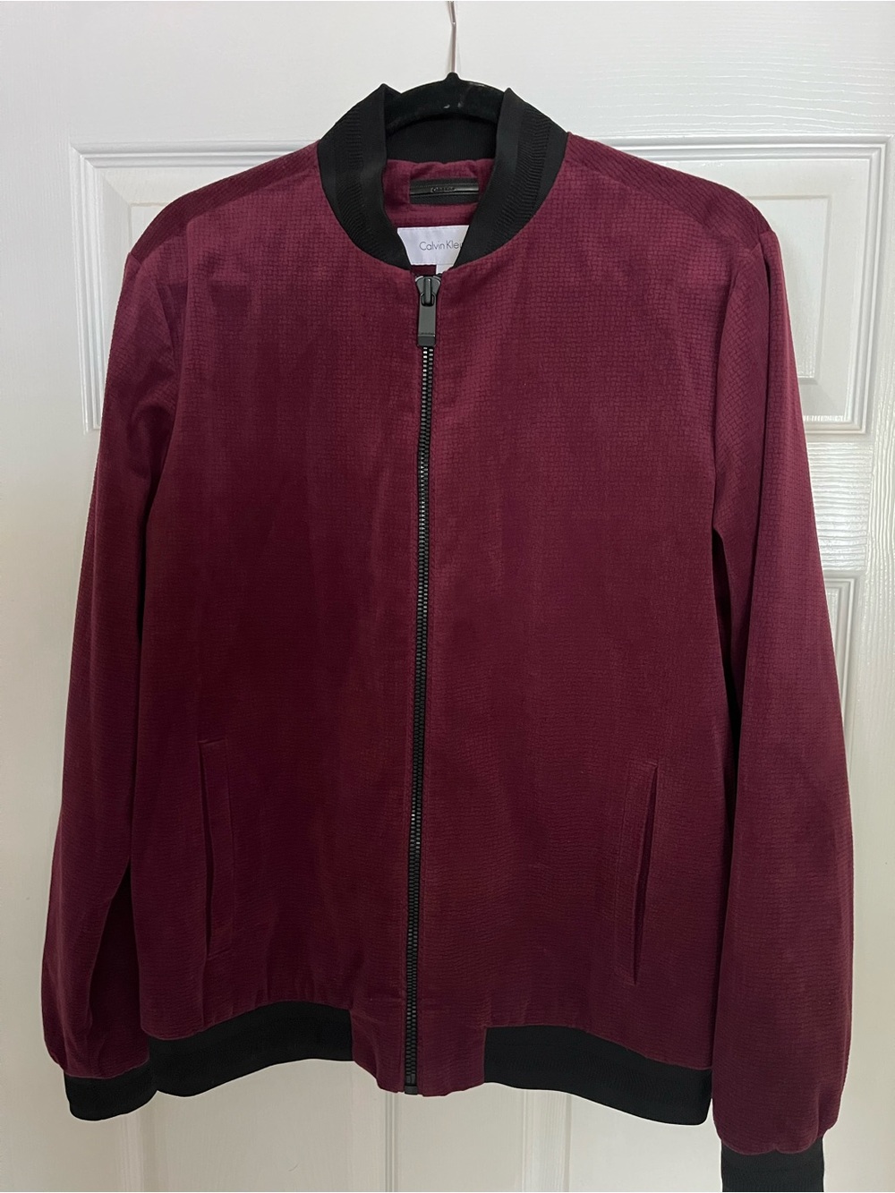 Calvin Klein Men’s Burgundy Bomber Jacket, Black Collar /Cuffs Zip Front Medium